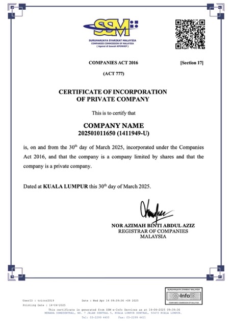 Malaysia certificate of incorporation of private company Word and PDF template 